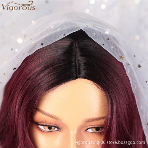 Vigorous Wholesale High Temperature Ombre Red Middle Part Wig Long Natural Wave Cosplay Synthetic Wig for Women